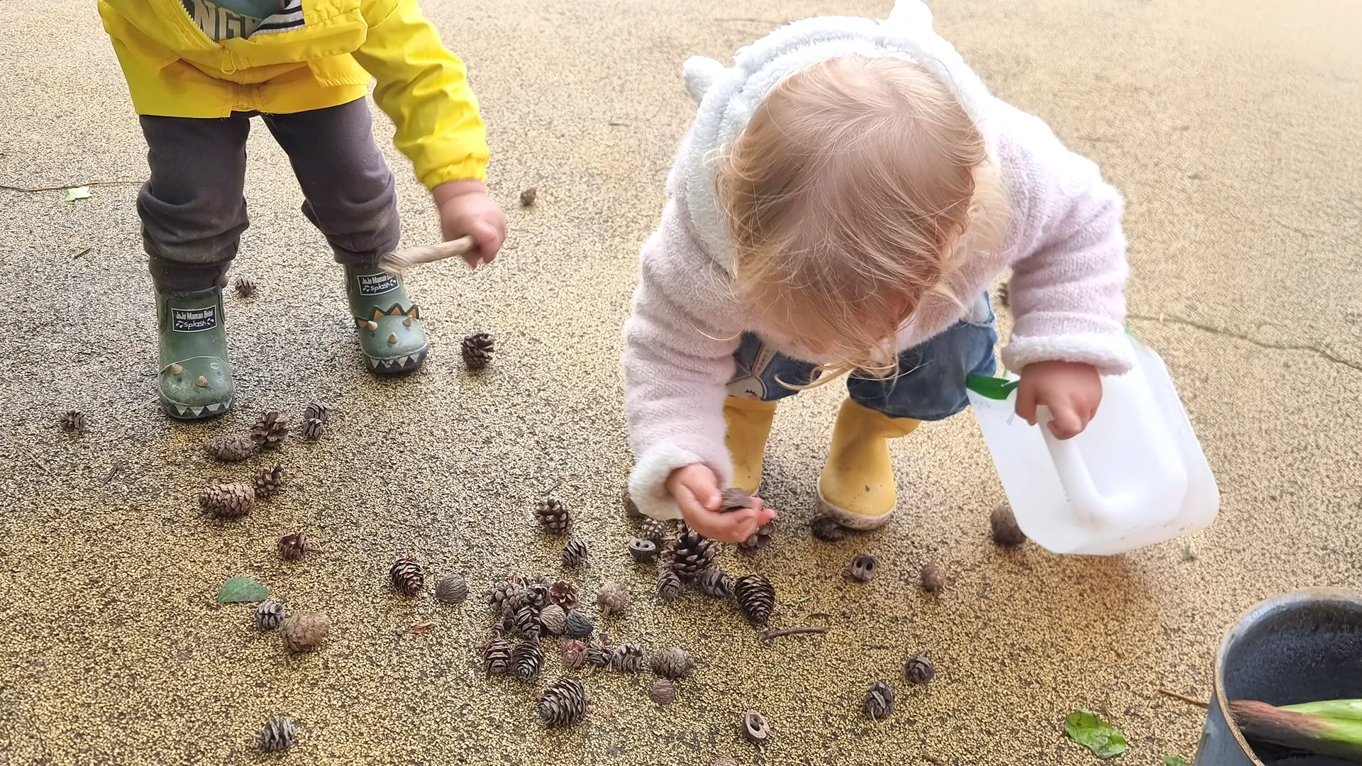 Enfants de la crèche Le Microcosme à Lausanne en train de récolter des trésors naturels lors d’une sortie en forêt : bâtons, pierres, pommes de pin.