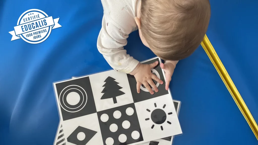 Bébés observant des cartes contrastées à la crèche Le Microcosme à Lausanne